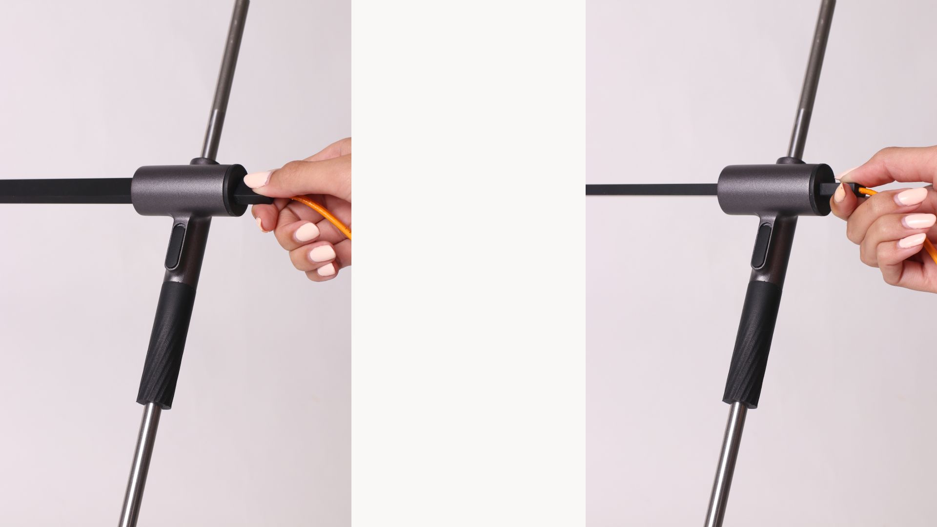 A hand gripping and operating the Rodlight's pivoting joint, shown in two frames.