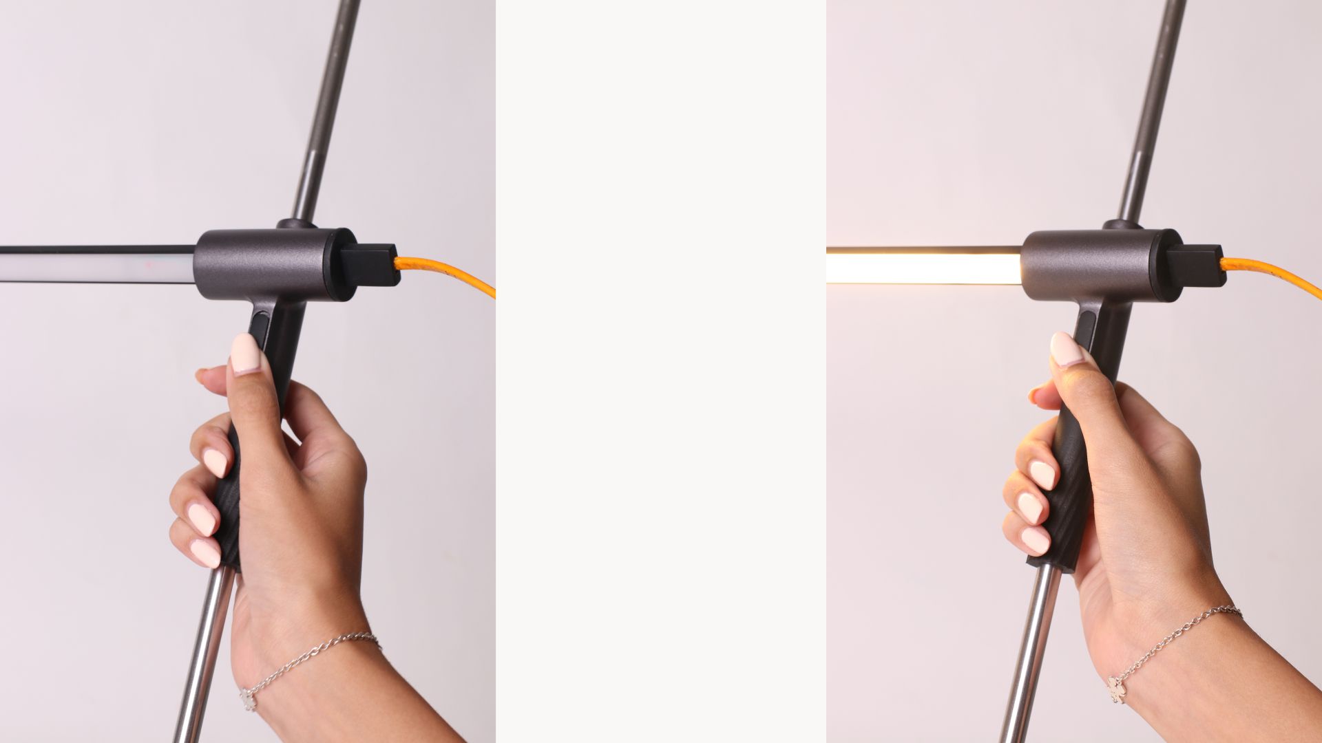 A hand holding the Rodlight's lower handle grip with the orange cable, shown in two frames.